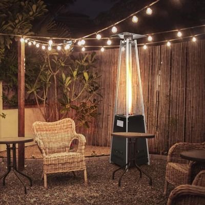 Wooden Twist Pyramid Gas Heater with Wheels, Outdoor Heating Solution with Adjustable Flame (Silver & Black) - Image 2