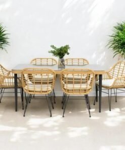 Alternative view of Modern Bistro 6 Seater Rectangular Dining Table Set Elegant Garden Seating, Rattan & Steel, Outdoor Patio