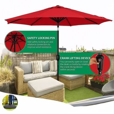 LuxeShade Red Outdoor Patio Round Umbrella with Waterproof Canopy & Steel Frame for Garden, Balcony & Poolside - Image 5