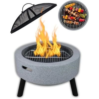 MGO Round Movable Fuel Wood or Charcoal with BBQ Grill Outdoor Firepit Durable and Portable for Backyard, Patio & Garden (Light Grey) - Image 2