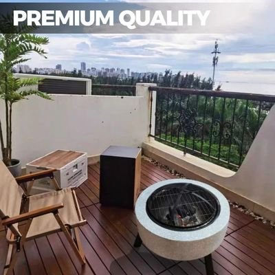 MGO Round Movable Fuel Wood or Charcoal with BBQ Grill Outdoor Firepit Durable and Portable for Backyard, Patio & Garden (Light Grey) - Image 3