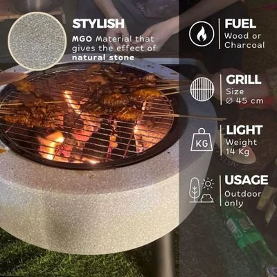 MGO Round Movable Fuel Wood or Charcoal with BBQ Grill Outdoor Firepit Durable and Portable for Backyard, Patio & Garden (Light Grey) - Image 4