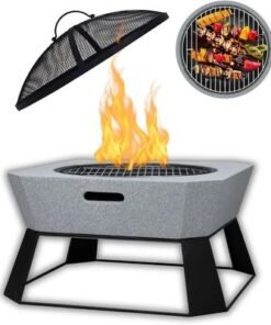 Alternative view of Fire Poker Square Outdoor Firepit MGO with BBQ Grill, Durable Charcoal or Wood-Burning for Backyard, Patio & Garden (Light Grey)