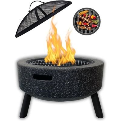 MGO Round Movable Fuel Wood or Charcoal with BBQ Grill Outdoor Firepit Durable and Portable for Backyard, Patio & Garden (Dark Grey) - Image 2