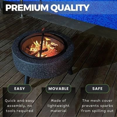 MGO Round Movable Fuel Wood or Charcoal with BBQ Grill Outdoor Firepit Durable and Portable for Backyard, Patio & Garden (Dark Grey) - Image 5