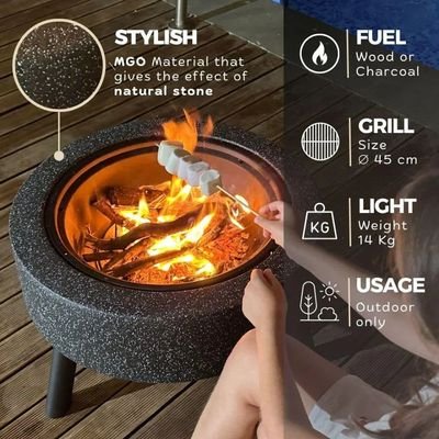 MGO Round Movable Fuel Wood or Charcoal with BBQ Grill Outdoor Firepit Durable and Portable for Backyard, Patio & Garden (Dark Grey)