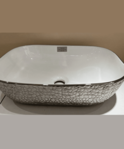 Luxury round corner tabletop basin  46×33 dimensions white inside silver outside
