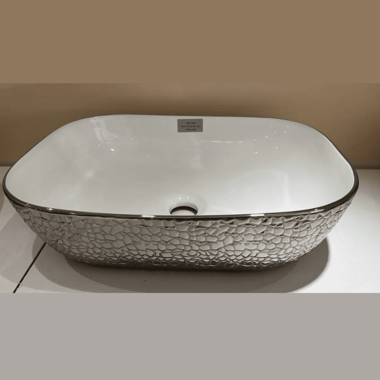 Luxury round corner tabletop basin 46×33 dimensions white inside silver outside