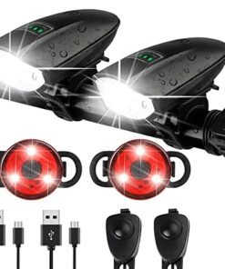 Favorbrite 2 Pack Bike Lights Set with Horn 1400LM USB Rechargeable Bicycle Headlight & Tail Light & Horn Waterproof 3 Lighting Modes Fits Various Bicycles for Road and Mountain（Black+Black）