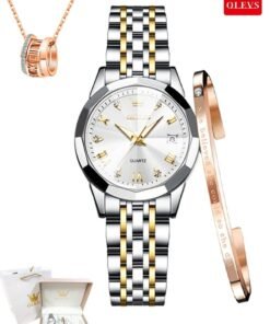OLEVS Elegant Women's Watch, Bracelet & Necklace 3-Piece Set, Fashion Luminous Calendar Waterproof Stainless Steel Strap, Romantic Valentine's Day & Birthday Gift, Everyday Present with Exquisite Gift Box & Bag