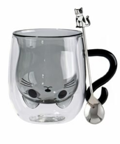 Cute Cat Mugs Glasses Double Wall Insulated Glasses Espresso Cup, Coffee Cup, Tea Cup, Milk Cup With 1 Piece Cute Cat Spoon,  Best Gift for Office and Personal Birthday（Black Cat)