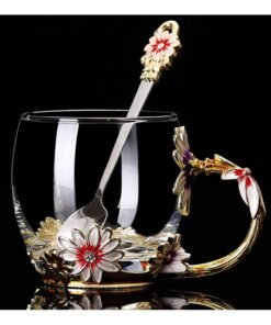 Qiccijoo Flower Glass Tea Cup with Spoon Set Coffee Mug，Gifts for Women，Elegant Valentines Day Gifts For Her Anniversary  Birthday
