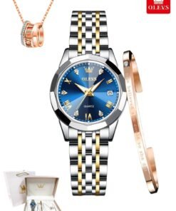 OLEVS Elegant Women's Watch, Bracelet & Necklace 3-Piece Set, Fashion Luminous Calendar Waterproof Stainless Steel Strap, Romantic Valentine's Day & Birthday Gift, Everyday Present with Exquisite Gift Box & Bag