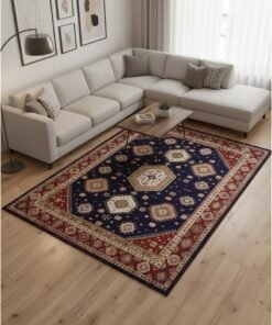 Noon East Carpet Rug with Anti- Slip backing | Medina Mosaic Design  - Black & Red  | Size - 200x290 cm - 6.5x9.5 ft | For Living space , Master Bedroom, Dinning room & Large office space