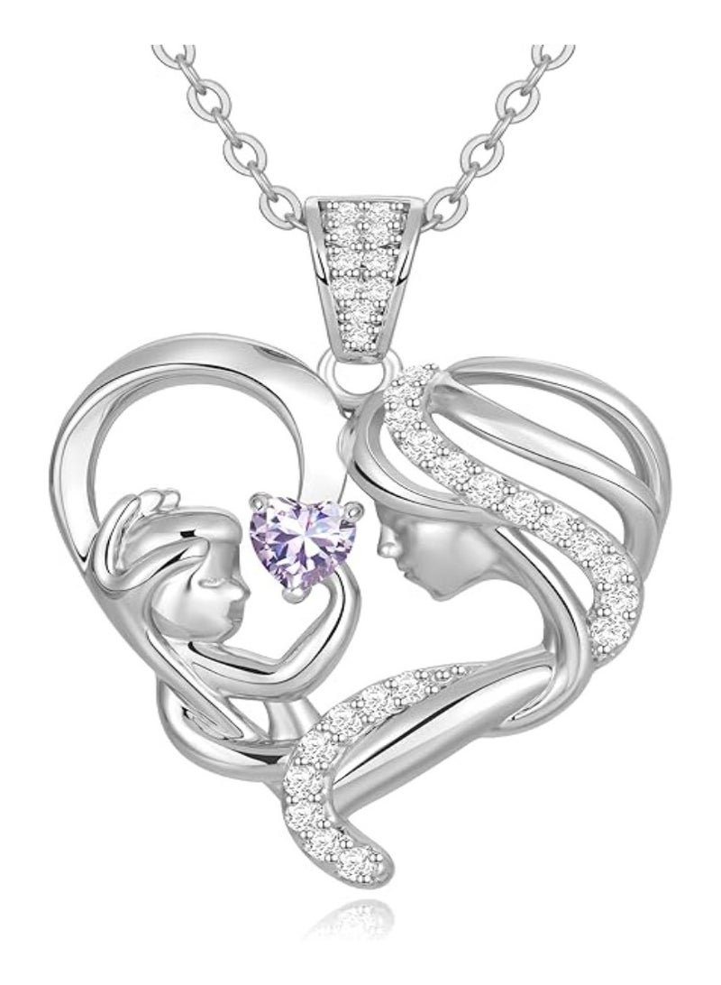 Zifeel Mother and Child Love Heart Pendant Necklace, Mothers Day Gift, 925 Sterling Silver Birthstone Necklace for Women, Mothers Day Valentines, Anniversary, Birthday, Jewelry Gifts for Mom, Women, Wife Grandma...