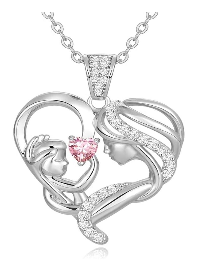 Zifeel Mother and Child Love Heart Pendant Necklace, Mothers Day Gift, 925 Sterling Silver Birthstone Necklace for Women, Mothers Day Valentines, Anniversary, Birthday, Jewelry Gifts for Mom, Women, Wife Grandma...