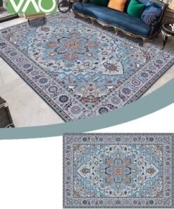 VAOdo Floral Area Rug, Soft Large Rugs, Vintage Printed Non Slip Low Pile Living Room Carpet for Family Room Foyer Den Office Blue 140*200CM