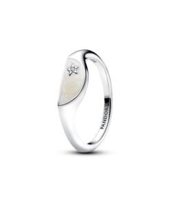 PANDORA Halved signet sterling silver ring with clear cubic zirconia and shimmering white enamel