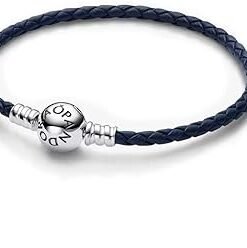 Moments Blue Braided Leather Bracelet with Round Clasp