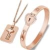 FOLAI Lock Bracelet and Key Necklace - Titanium Steel Couples Jewelry, Romantic Gift for Valentines Day, Birthday, Christmas, Wedding, Anniversary (Rose Gold)