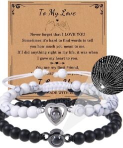 Barakah Couple Bracelet Card Gift, Language I LOVE YOU Projection Stone Bracelet, Promise Adjustable Handmade Matching Bead Bracelets Valentines' Day Mother's Day Birthday, Long Distance Relationships Gifts