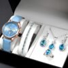 UNUNS 5 Pcs Women Watch Set,Roman Numerals Women's Wrist Watch,Luxury Diamond Decorated Watch Bracelet Necklace Ring Earrings Set,Valentine'S Day Birthday Gifts for Women,Blue