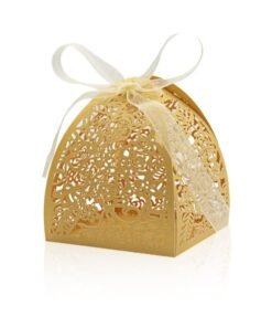 JZS Laser Cut Rose Candy Boxes Wedding Anniversary Box for Party Favor Bridal Shower Decorative Boxes Beige Gift Wrap Boxes with Ribbons for Birthday Party Laser Cut Favor Boxes Golden 50PCS (Yellow)