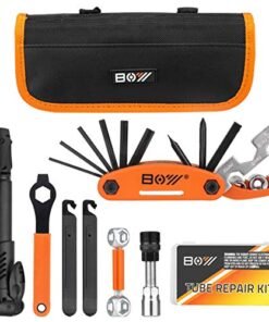 XCH Robots Bicycle Repair Bag With Tire Pump, Portable Tool Kit for Camping Travel - Bike Glueless Patches, Maintenance Essentials All in One Safety Kit