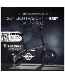 BATTLE 20 Inch Lightweight Folding Bike Free Rear Rack With Straps - Foldable Bicycle For Men & Ladies & Kids (Grey)