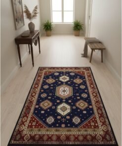 Noon East Carpet Rug with Anti- Slip backing | Medina Mosaic Design  - Black & Red  | Size - 160x230 cm - 5x7.5 ft | For Medium Sized Family room, Bedroom with queen beds, 4-6 seater Dinning area, Entry hallways & Foyers