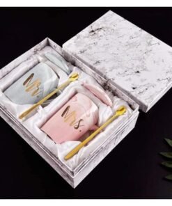 DANEEN Mr and Mrs Coffee Mug, ceramic marble coffee/tea Cupp with lid, Spoon set, personalized gift set for Couple, Parents, Wedding Gift, Bridal, Engagement (14oz)