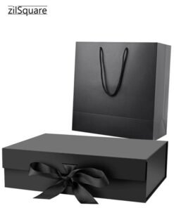 zilSquare Luxury Black Gift Box with Bag, Magnetic Lid Closure 32x20x10cm – Large Elegant Empty Gift Packaging Box with Ribbon Bag for Men & Women | Premium Reusable Gift Box for Birthday, Wedding, Eid, Valentine, Christmas & Parties