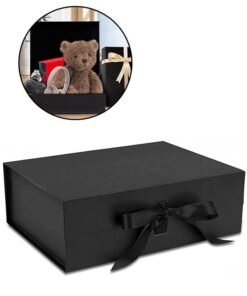 Luxury Magnetic Gift Box with Ribbon, Folding Gift Boxes for Presents with Lid for Festival, Birthday, Anniversary, Wedding, Anniversary and Baby Gift, Black, 22x17x8.5cm