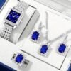 UNUNS 4 Pcs Women Watch Set,Roman Numerals Women's Wrist Watch,Luxury Diamond Decorated Watch Necklace Ring Earrings Set,Valentine'S Day Birthday Gifts for Women,Royal Blue