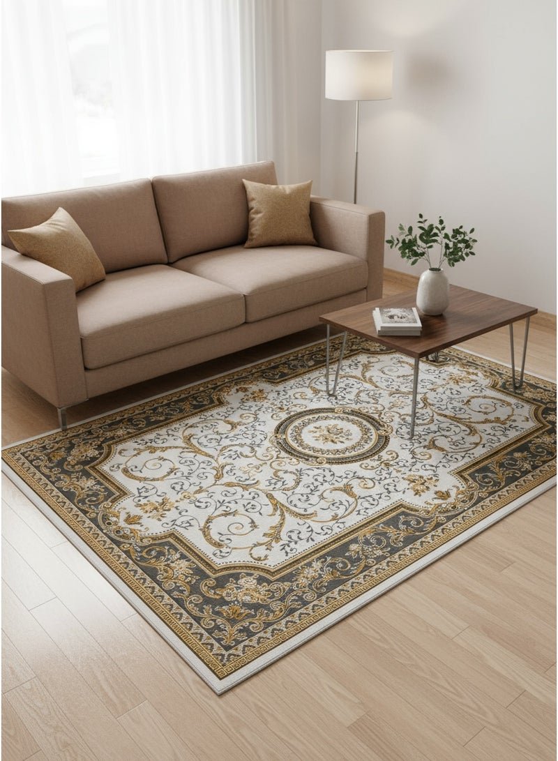 Noon East Carpet Rug with Anti- Slip backing | Royal Heritage Design - Beige | Size - 160x230 cm - 5x7.5 ft | For Medium Sized Family room, Bedroom with queen beds, 4-6 seater Dinning area, Entry hallways & Foyers