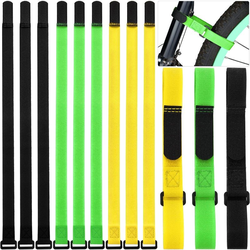 Hestya 12 Pieces Bike Rack Straps 23.6 Inches Adjustable Bike Cinch Straps Wheel Stabilizer Bicycle Accessories for Transporting Bicycles(Black, Green, Yellow)