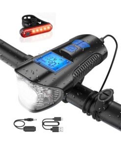 Bicycle Computer Front and Tail Bike LED Light Combo Set, Horn and Speedometer, USB Rechargeable with Long Battery Life IPX5 Waterproof, 4 Lighting Modes, Fits All Mountain & Road Bikes
