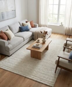 Noon East Carpet Shaggy Rugs with Soft Texture, Color - Cream, Size - 160x230 cm - 5x7.5 ft, Design - Rocco Stripes , Ideal  for Medium Sized Family room, Bedroom with queen beds, 4-6 seater Dinning area, Entry hallways & Foyers