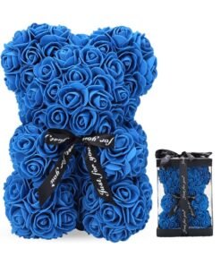 Gifts for Women – Rose Flower Bear - Rose Bear ,Pure Handmade Rose Teddy Bear ,Gift for Mothers Day, Valentines Day, Anniversary and Bridal Showers, with Clear Gift Box (Dark Blue)