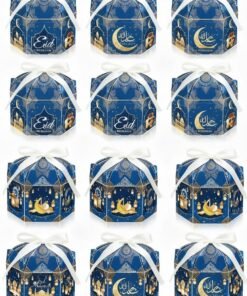 Bluejw 12 Pack Ramadan Eid Mubarak Treat Boxes Gold Lantern and Moon Design Hexagonal Paper Boxes with Ribbons Muslim Holiday Party Candy Containers for Eid
