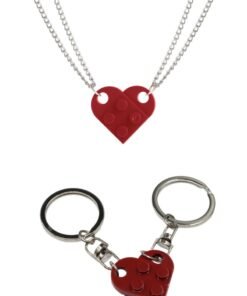 OUyoo Matching Couple Heart Keychains & Necklace Set for Boyfriend Girlfriend Valentine's Day Gifts Stuff Him Friends Set Compatible with Lego Gift