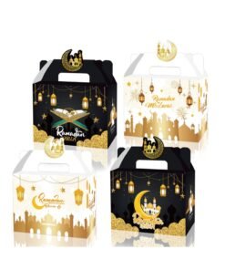 Bluejw Mubarak Gift Boxes for Ramadan and Eid Small Recyclable Printed Cardboard Boxes Good for Candies Cookies and Snacks With Handles For Ramadan Parties