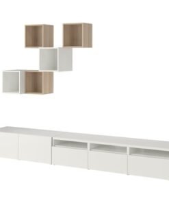 Cabinet combination for TV, white/white stained oak effect, 300x42x210 cm
