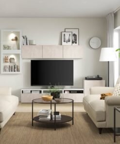 Alternative view of TV storage combination/glass doors, white Glassvik/Bergsviken beige, 300x42x211 cm