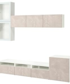 TV storage combination/glass doors, white Glassvik/Bergsviken beige, 300x42x211 cm
