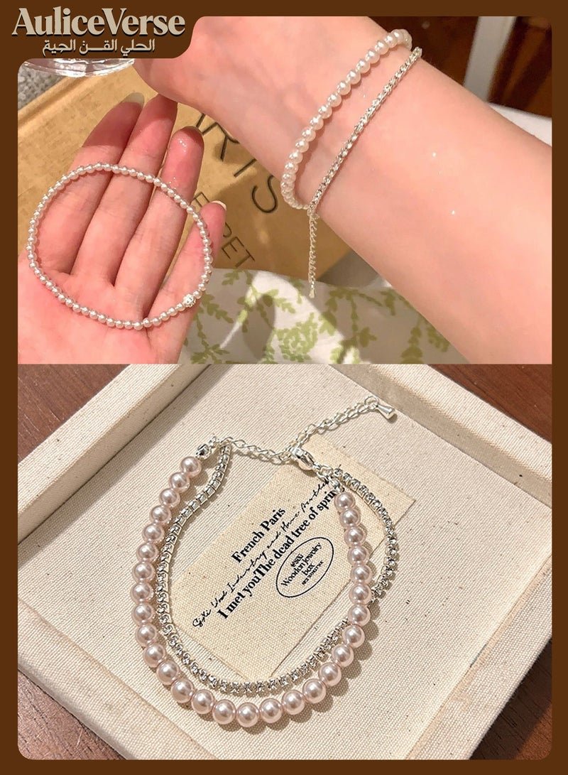 AuliceVerse Valentine's Double-Layer Bracelet Set – Faux Pearl & Sterling Silver, Adjustable & Hypoallergenic for Daily, Date & Party | Perfect Gift for Her