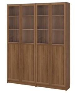 Bookcase comb w panel/glass doors, brown walnut effect, 160x30x202 cm
