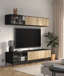 Alternative view of TV storage combination, black/oak veneer, 181x42 cm