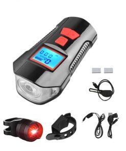 GROIC Bicycle Light Set with Horn and Speedometer, USB Rechargeable LED Cycle Front & Tail Light, IPX5 Waterproof, 4 Lighting Modes Super Bright, Fits All Mountain Road Bike