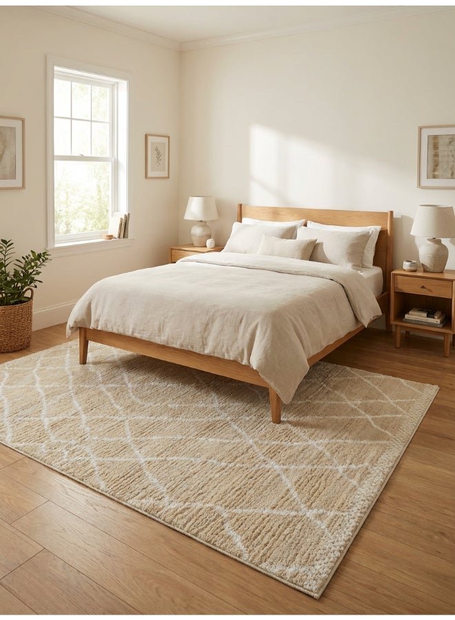 Noon East Carpet Shaggy Rugs with Soft Texture, Color - Cream, Size - 160x230 cm - 5x7.5 ft, Design - Rivo Cashmere, Ideal for Medium Sized Family room, Bedroom with queen beds, 4-6 seater Dinning area, Entry hallways & Foyers